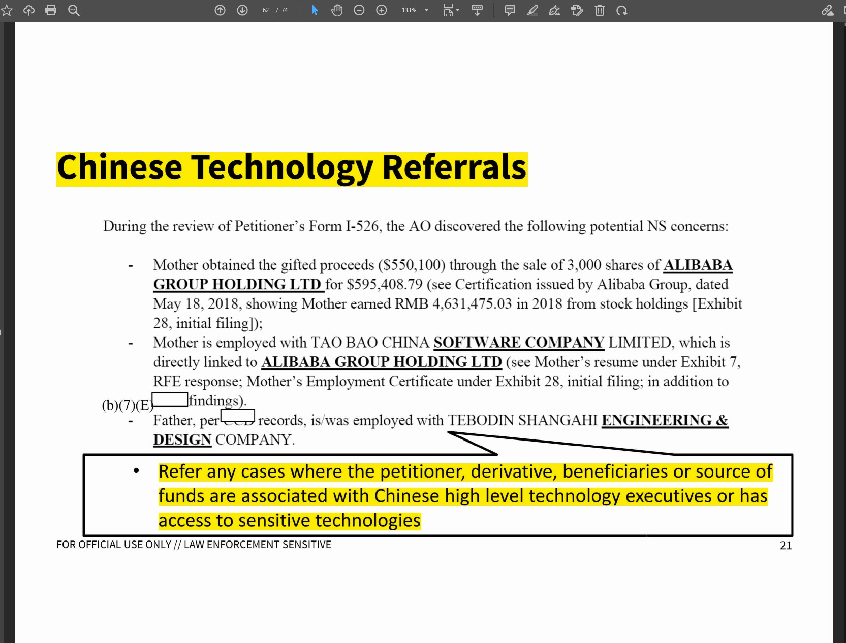 Affiliation With Chinese Technology Companies Lead To Referral