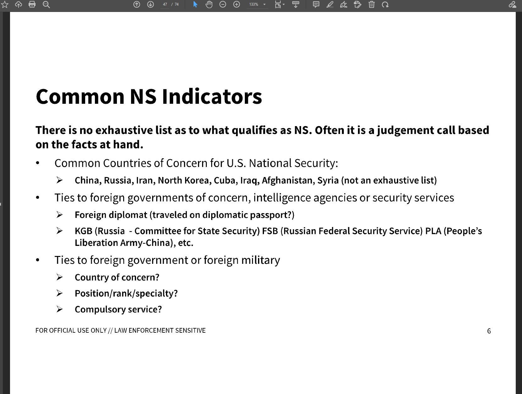 FDNS Common National Security Indicators