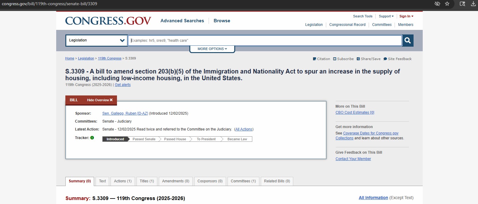 We Congratulate Senator Gallego for New Legislation that Leverages the EB-5 Program to Build Affordable Housing