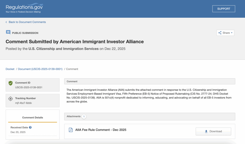 AIIA Submits Comments on USCIS NPRM on Updated EB-5 Fee Rule